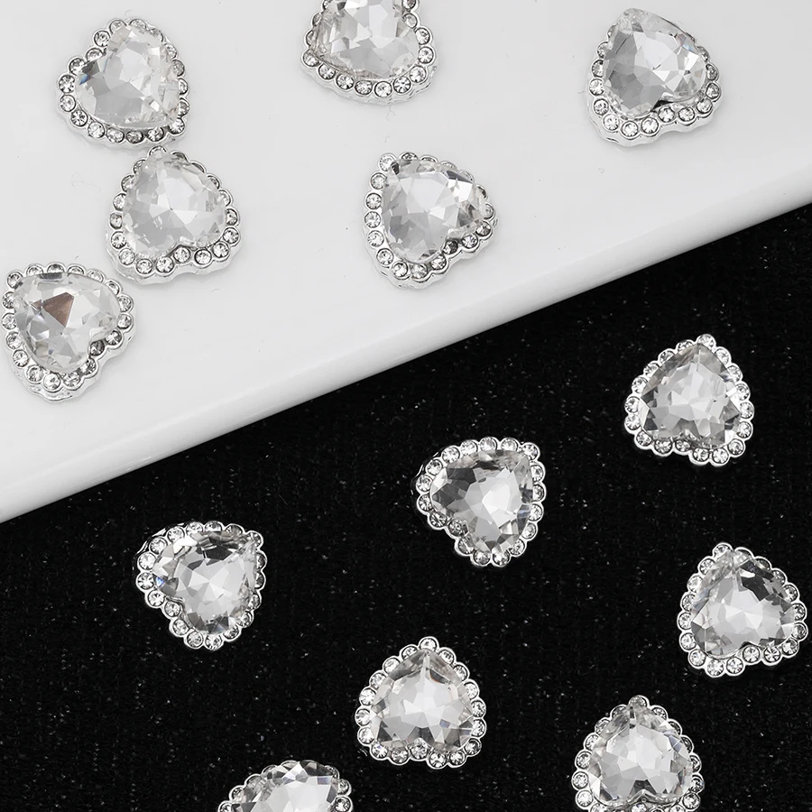 10Pcs 3D Heart Nail Charms, Silver Metal Setting Clear Heart Rhinestone Nail Diamonds for Nail Art & DIY Craft Decor Character c
