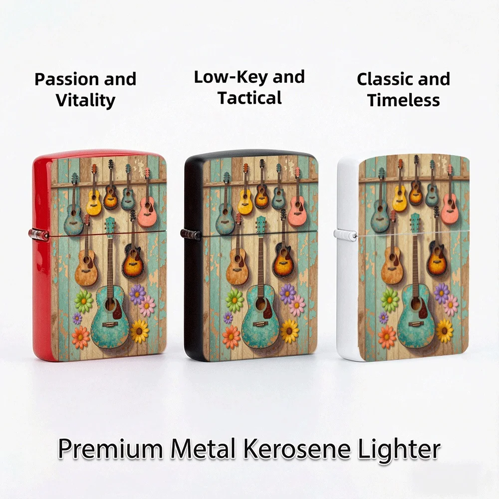 Flip Top Lighter Vintage Acoustic Guitars Flowers Wooden Wall Pattern lighters vintage lighters for smokers Collectible Gift