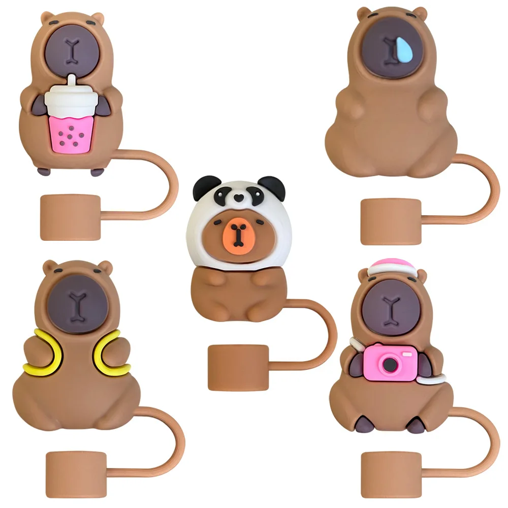 5 Stück Capybara 3D-Stroh-Abdeckkappe für wiederverwendbare Trinkstaubkappe, Glasbecher-Zubehör, Stroh-Topper, 10 mm Silikon-Stroh-Abdeckung