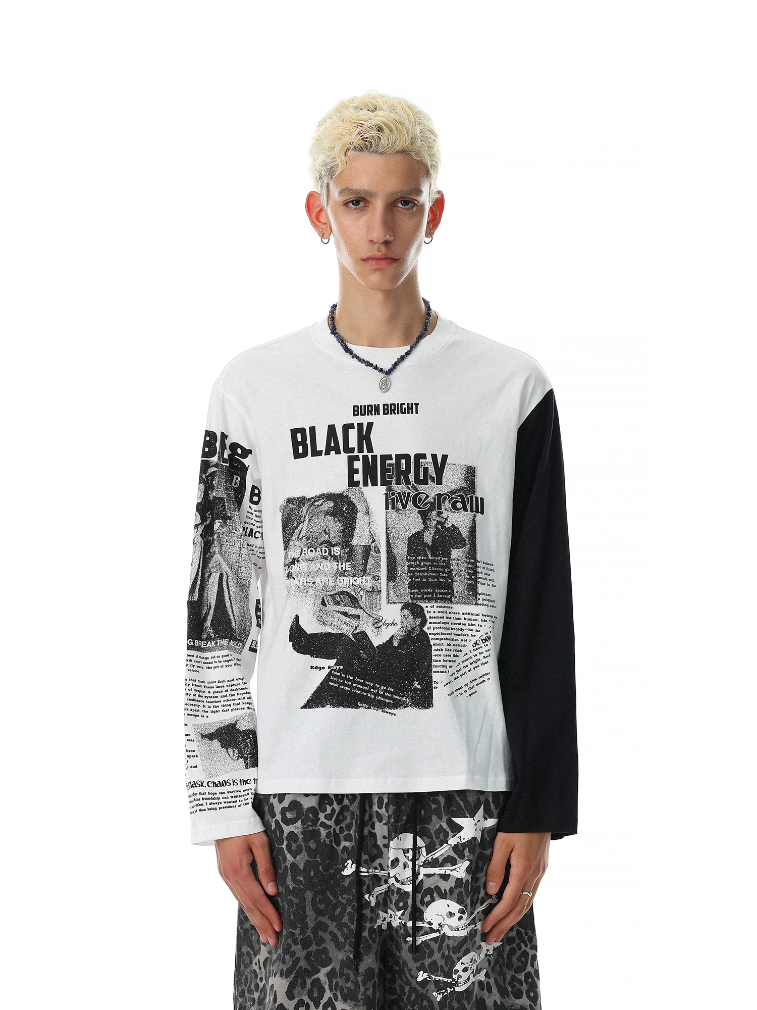 Loose Fit American Style Streetwear T-Shirt Men's Long Sleeve Newspaper Print Contrast Color Design Breathable Cotton Top