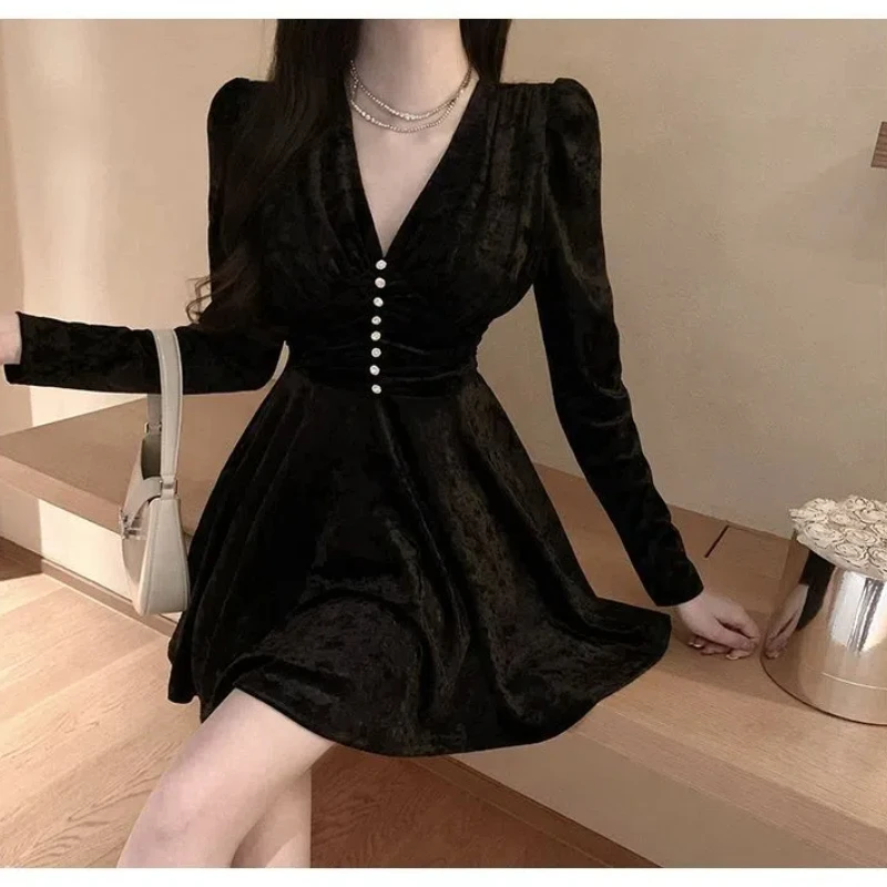 

Women Clothing Temperament Velvet V Neck Mini Dress Spring Autumn Loose Pleated Long Sleeve Korean Midi Dress Vintage Fashion