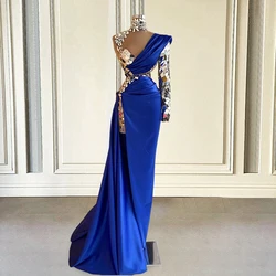 Royal Blue Luxury Evening Dresses 2023 Sparkly Crystals High Neck Single Long Sleeve Side Slit Sexy Formal Party Prom Gowns