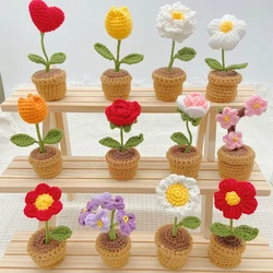 Gift for Girls Hand-Knitted Sunflower Tuilp Rose Crochet Flowers Potted Plants Finished Woven Artificial Flower Desktop Decor