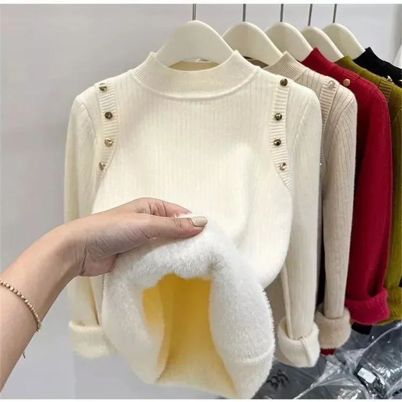 2024 Winter Nieuwe Trui Dames Elegant Dik Fluwelen Gevoerd Warm Sueter Gebreide Pullover Slanke Tops Jersey Gebreide Trui