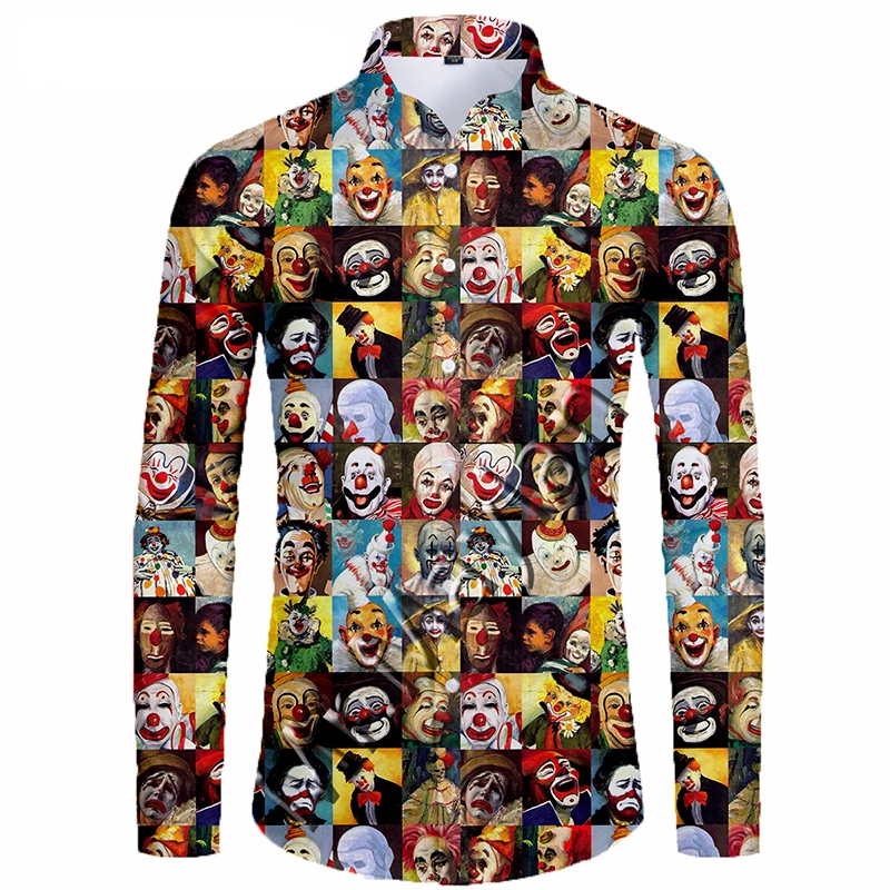 3D Printed Circus Clown Hawaiian Shirt Men Funny Long Sleeve Camisas Spring Autumn Tops Casual Social Clothes For Male Clothing