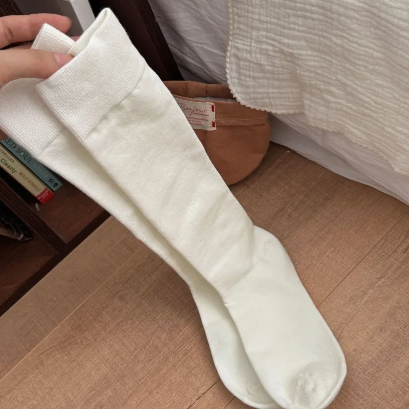 White Socks Women's Solid Color Seamless Cotton Knitted Stockings Autumn/Spring Knee High Sock JK Retro Long Compression Socks