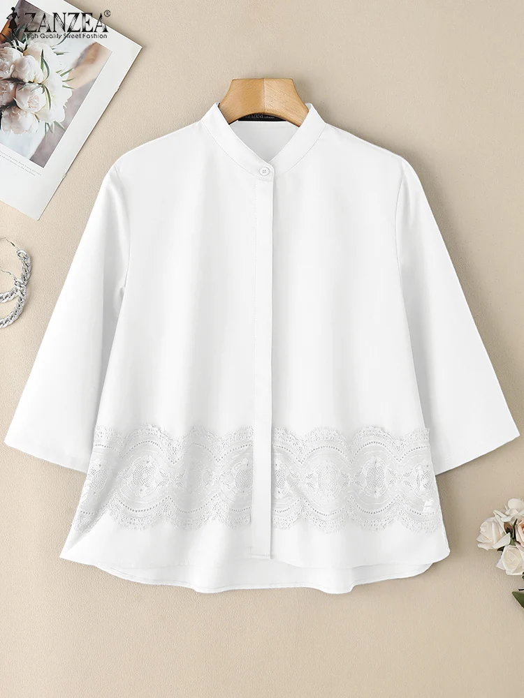 

ZANZEA Vintage Commute Solid Tops Casual 3/4 Sleeve 2025 Summer Woman Chemise Femme Openwork Lace Patchwork Stand Collar Shirts