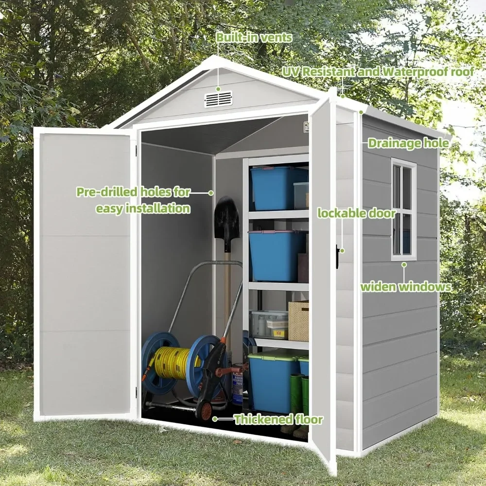 Outdoor Storage Shed with Floor,  Waterproof Resin Shed with Floor Lockable Doors, Plastic Shed, 6x4.4 Ft