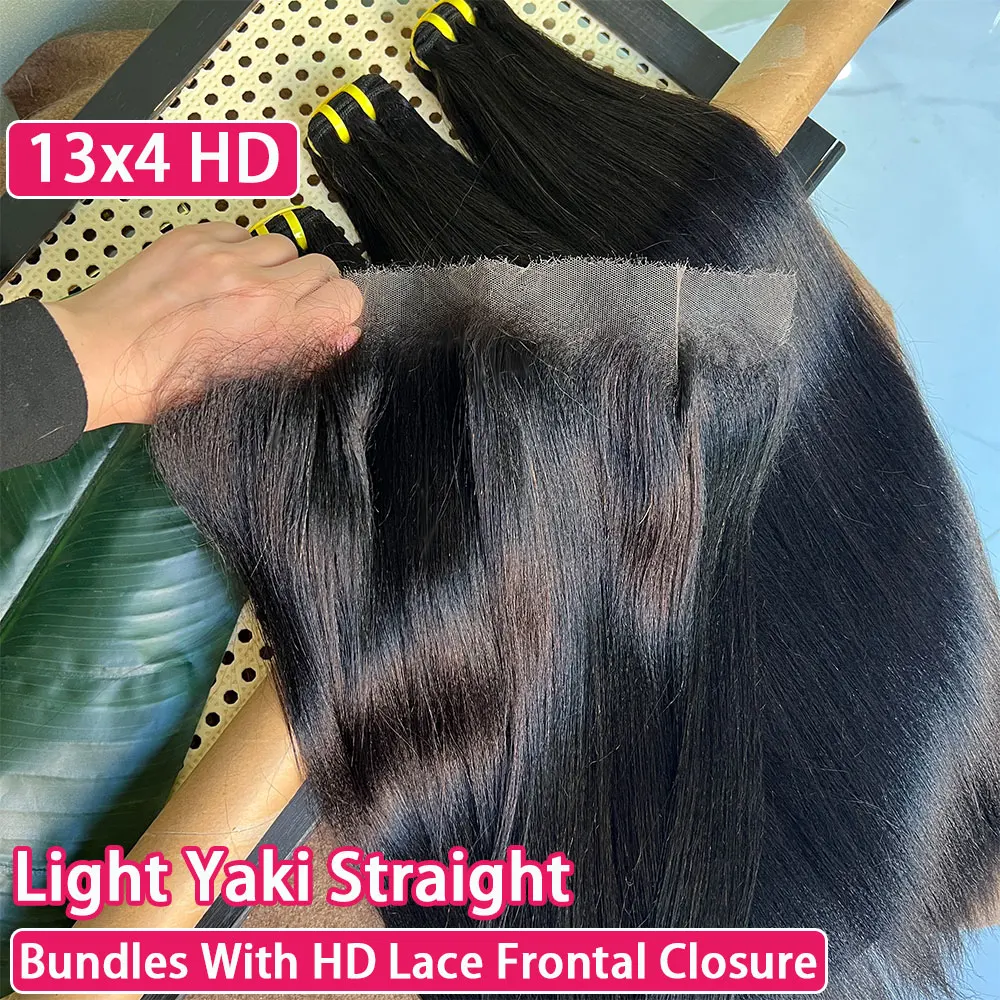 Light Yaki Straight Human Hair Bundles With Closure Frontal 13x4 HD Lace 100% Virgin Raw Unprocessed Human Hair Weave
