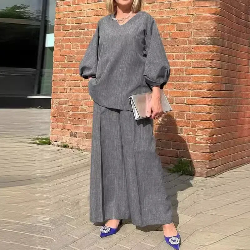 

Pant Sets Women Loose Wide Leg Pants Two Piece Set Puff Sleeve V Neck Tops Solid Casual Elastic Waist Trousers Suits Spliced