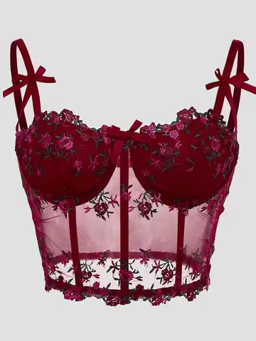 Sexy Lace Floral Embroidery Bow Corset For Women Camisole Sheer Mesh Fishbone Slim Crop Top Wired Bra Camis Festival Lingerie