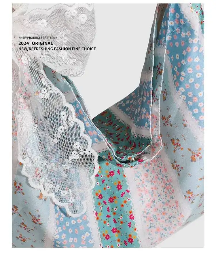 Bloom Fairycore Floral Large Capacity Handbag Purse Women Summer Portable Canvas Shoulder Bags Ladies Casual Shopping Bag Chic