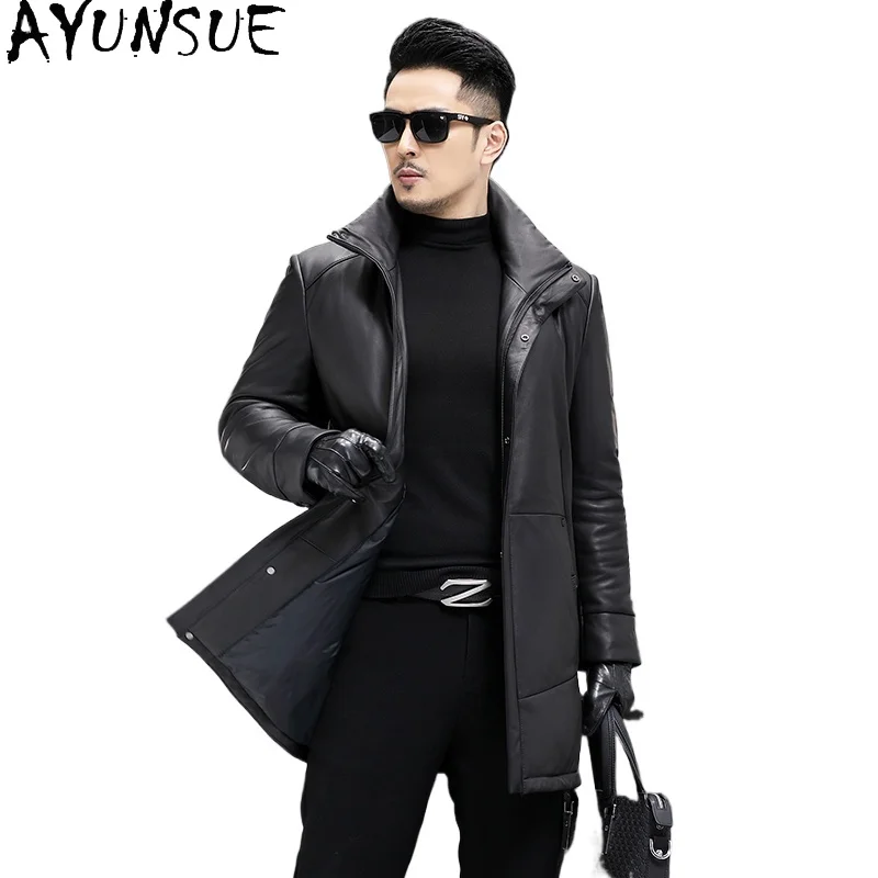 AYUNSUE Genuine Sheepskin Leather Down Coat Men Clothing Winter 2025 Mid-length 100% Real Leather Jacket Man Warm Puffer Jackets