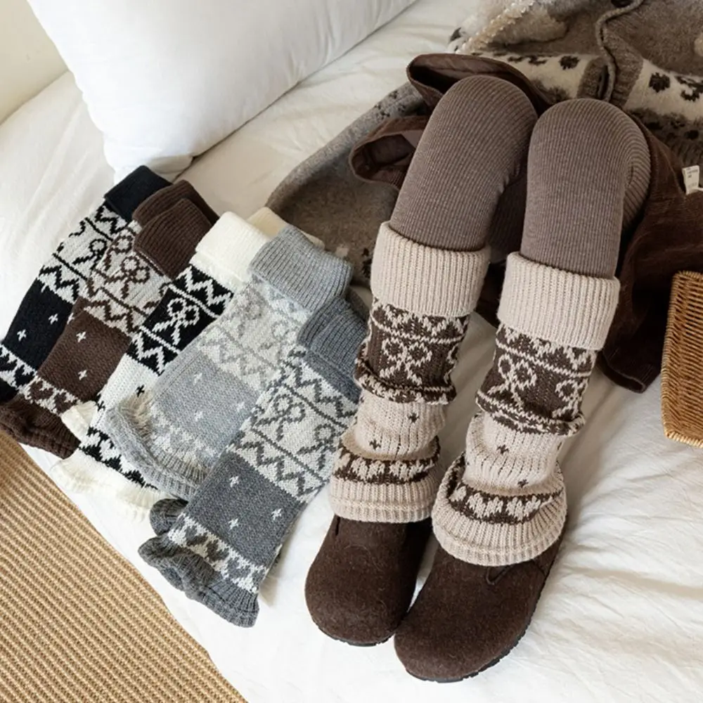 Retro Bowknot Leg Warmers Solid Color Thickened Lolita Long Socks Knitted Keep Warm Mid-Calf Sock Winter