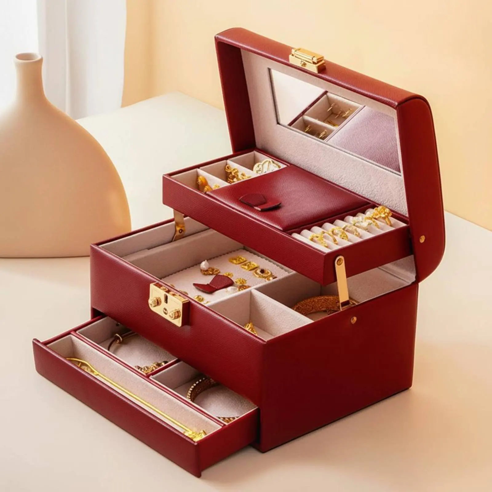 

Красная шкатулка для украшений большой вместимости, многоуровневый органайзер для ювелирных изделий с долговечным встроенным зеркалом для молодоженов, для туалетного столика