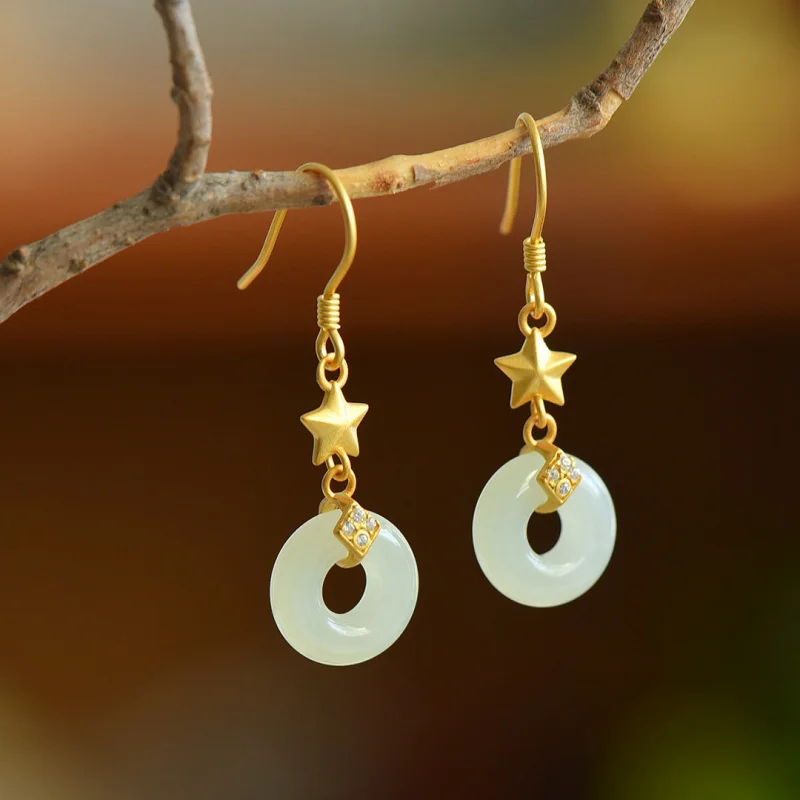 

Винтажные нефритовые серьги с сертификатом, из стерлингового серебра 925 пробы, с инкрустацией в виде звезды, нефритовые серьги-застежки «Застежка мира» для женщин