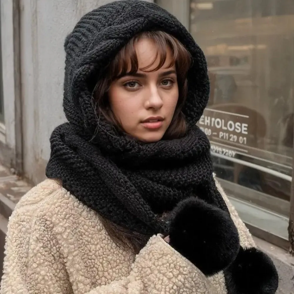 

Fashion Twist Knitted Hat Scarf Set Neck Warmer Ear Protection Women Hooded Scarf Korean Style Thicken Neckerchief Women