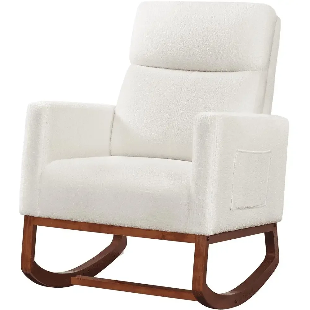 Boucle Upholstered Rocking Chair with High Backrest Armrests and Side Pockets Ivory Boucle Solid Wood Base Gentle Rocking Motion