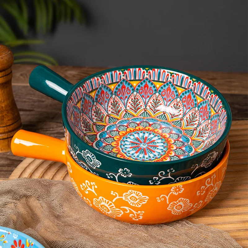 6.2In Retro Ceramic Handle Bowls Household Rice Bowls With Handles Instant Noodle Bowls Salad Bowls Air Fryer Baking Bowls