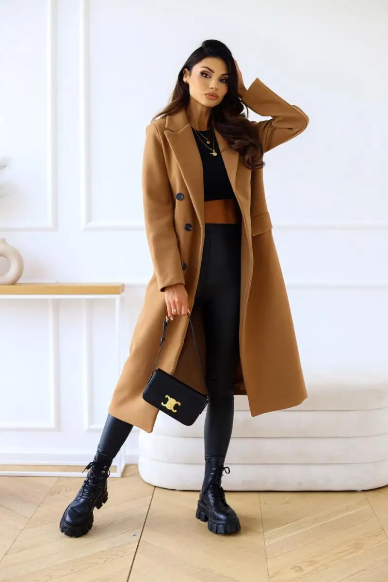 

Missuoo Adult Female Spring and Autumn New Simple Solid Color Lapel Collar Long Sleeves Coat Women Double Breasted Woolen Jacket