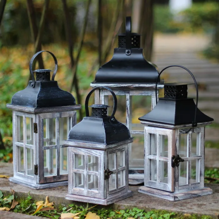 

American Country Candlestick Decoration Wooden Loft Old Style Lamp Winproof Candle Table Home Furnishings