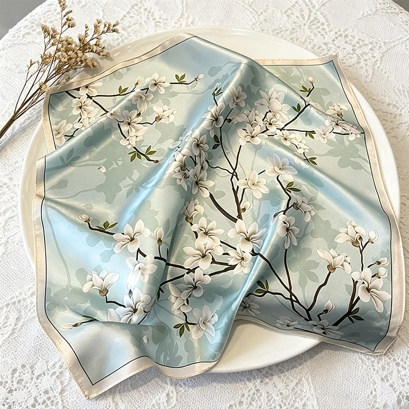 

1 27.56X27.56 inch, women's floral silk scarf, French fashion watercolor magnolia print square scarf, satin-edged mulberry silk scarf, versatile fashion accessories, suitable for daily commuting travel weddings