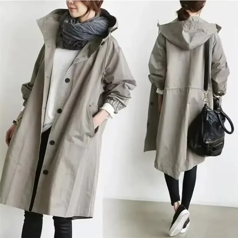 Plus Size Kapuzen-Trenchcoat, klassische Mode, lockerer Damen-Windbreaker-Mantel, Khaki, Schwarz, lässige Oberteile