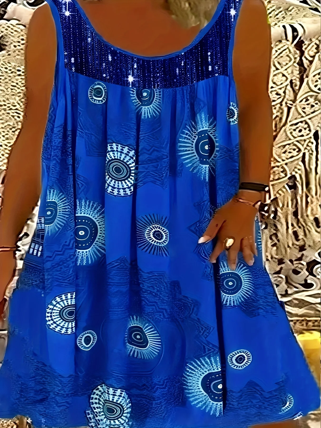 Plus size women's sequin stitched dress, vacation style round neck sleeveless suitable for spring and summer