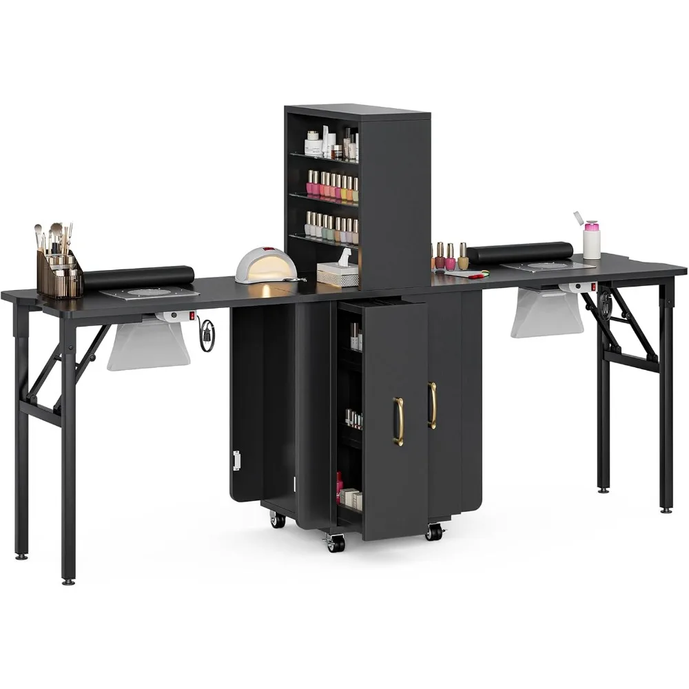

Foldable Manicure Table with 2 Desktop, Folding Double Nail Desk w/2 Dust Collector, 2 Open Shelves & Storage Drawers, Double Si