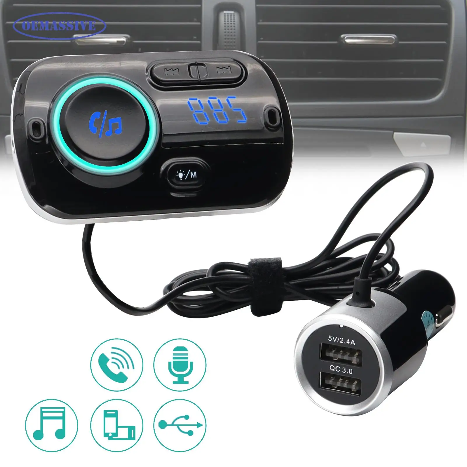 

OEMASSIVE Car Bluetooth 5.0 FM Transmitter AUX Handsfree Wireless Music Radio Audio Modulator MP3 Player USB Quick Charge Dongle