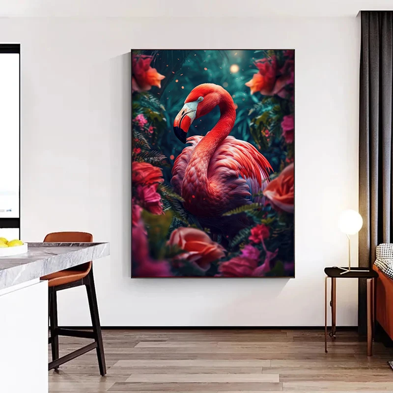 Lion Flamingo Panda Monkey in Flower Jungle Art Posters Wild Animal Art Canvas Painting Print Wall Art Picture Home Decor Mural