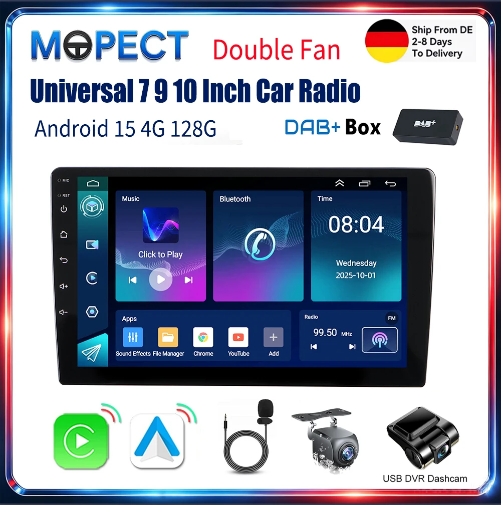 Mopect Universal 7 9 10 Zoll Autoradio Kabelloses Carplay Android Auto Android 15 4+128G WLAN GPS Multimedia Bluetooth DSP IPS Touchscreen Stereo