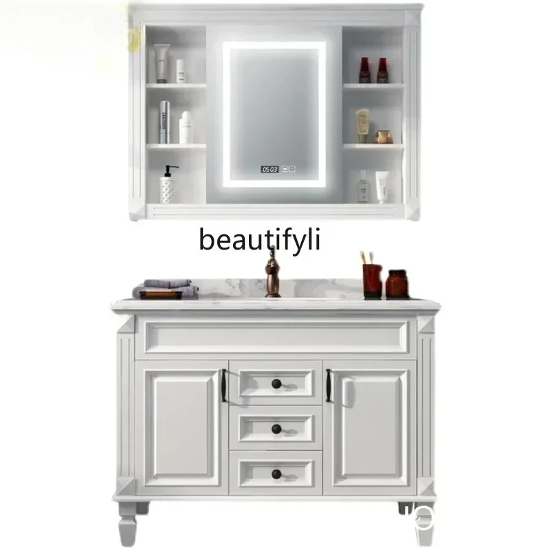 

Light Luxury American Stone Plate Bathroom Cabinet Nordic Solid Wood Bathroom Cabinet Smart Mirror Floor Wash Basin