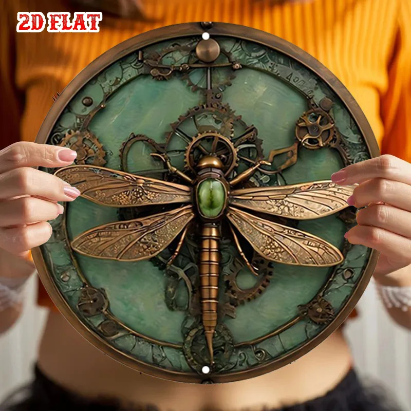Vintage Steampunk Dragonfly Metal Wall Art - Rustic Round Aluminum Sign Suitable for Home, Garage, Dining Room, Cafe Decor