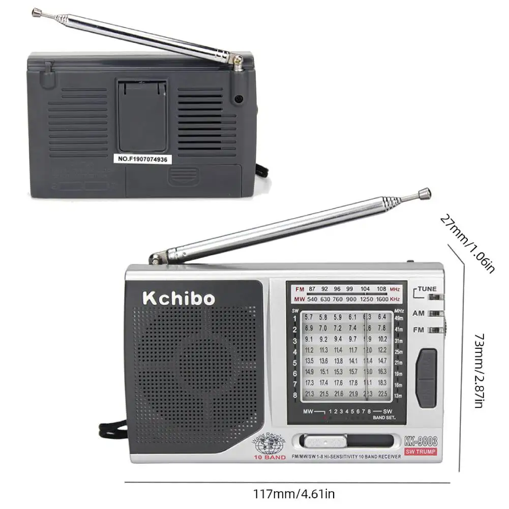 KK-9803 جهاز استقبال راديو صغير محمول ، مقبس 3.5 مللي متر ، FM ، MW ، SW1-8 ، مكبر صوت مدمج ، راديو كامل 10 ، بطارية تعمل لكبار السن