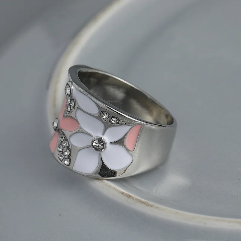 Aesthetic Enamel Flower Finger Ring for Women Wedding Party New 2023 Ring Silver Color Luxury Cubic Zirconia Jewelry Gift