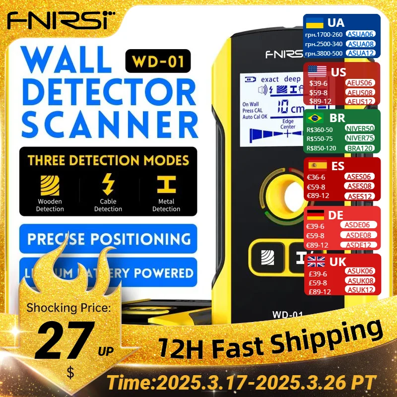 FNIRSI WD-01 Metal Detector Wall Scanner with Newly Designed Positioning Hole for AC Live Cable Wires Metal Wood Stud Find