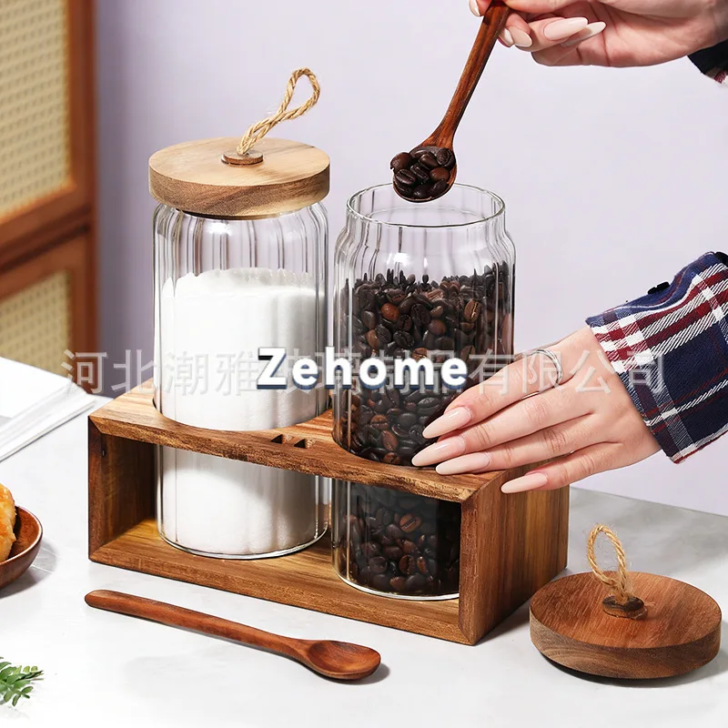 Coffee bean glass jar, acacia wood set, kitchen storage, sealed jar with spoon, new striped jar.