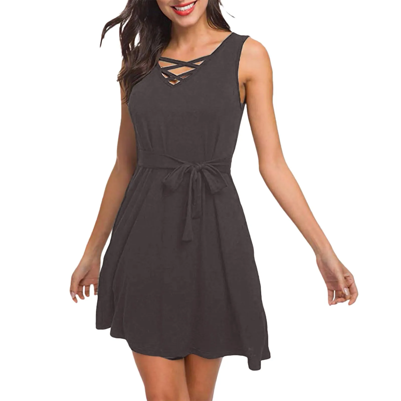 Women'S Solid Color Casual Dress Sleeveless V-Neck Lace-Up Cross Pocket Dress Simple And Comfortable Aesthetic Dress Short Dress