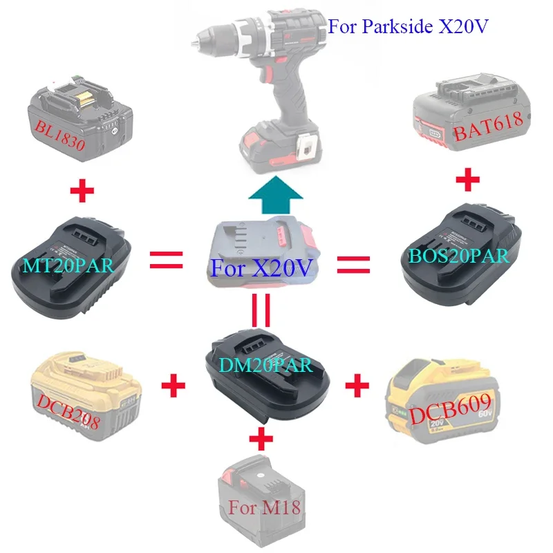 

Адаптер MT20PAR DM20PAR BOS20PAR, конвертер для Makita, DeWalt, Milwaukee, Bosch, литий-ионная батарея, Parkside, X20V, инструменты