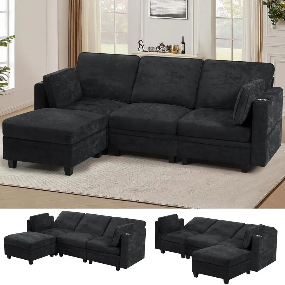 86 Inches Chenille 3-Seat Soa w/Adjustable Backrests, Sectional Soa w/Cup Holders & Movable Storage Ottoman, Upholstery abric Co