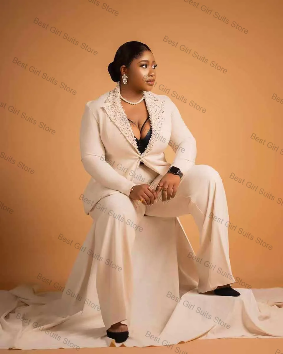 

Pearls Women Suit Set 2 Pcs Blazer+Pants Trousers Cotton Beaded Formal Office Business Jacket Customized Wedding Guest Coat