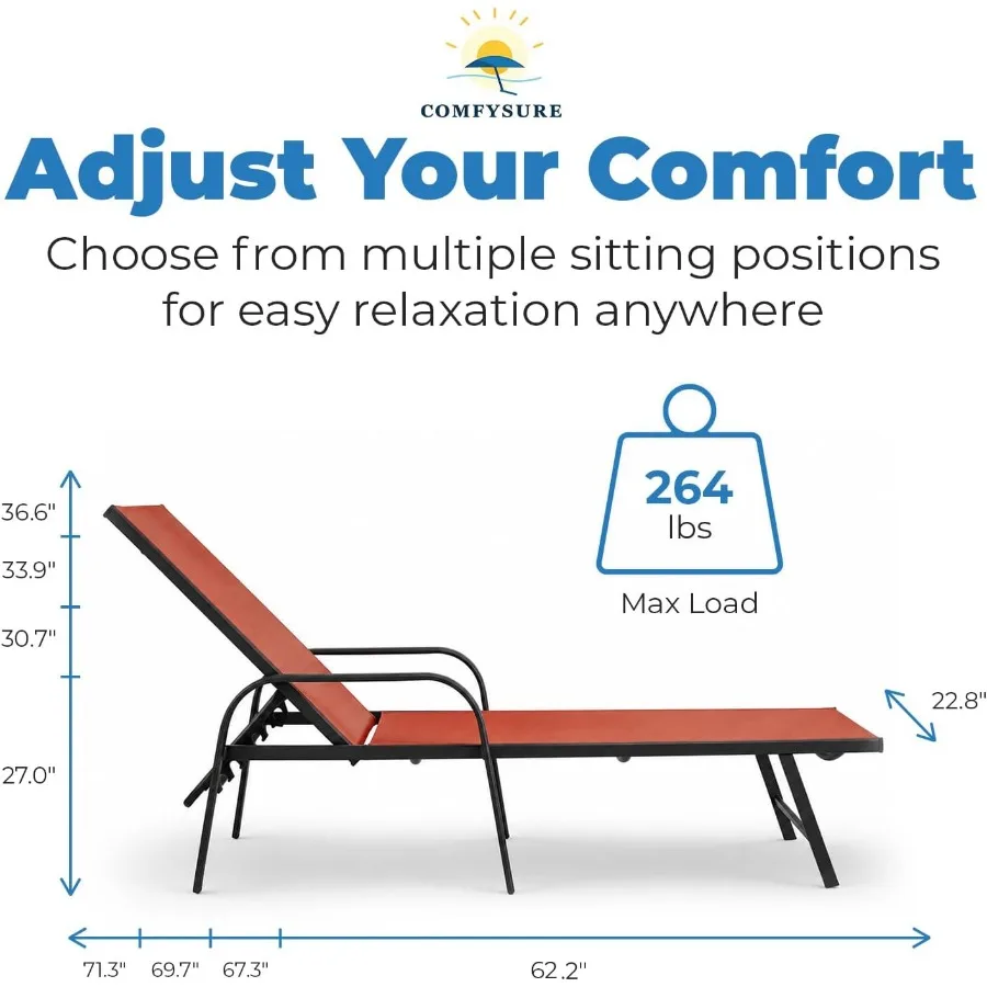 Metal Outdoor Lounge Chairs, Set of 2 with Armrests 5-Position Adjustable Recline, Weather-Resistant Anti-Rust Finish Patio, De