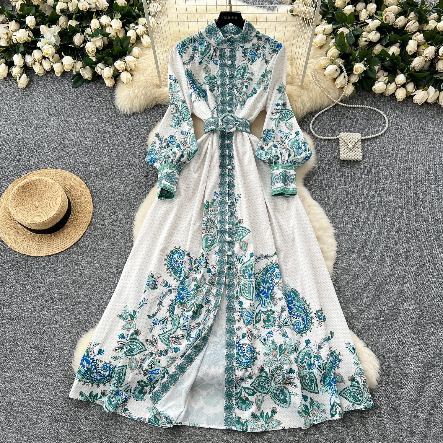 Elegant Long Sleeves Vintage Stand Collar Chic Single Breasted Print Bandage Slim Long Dress High Street Autumn Winter Clothing