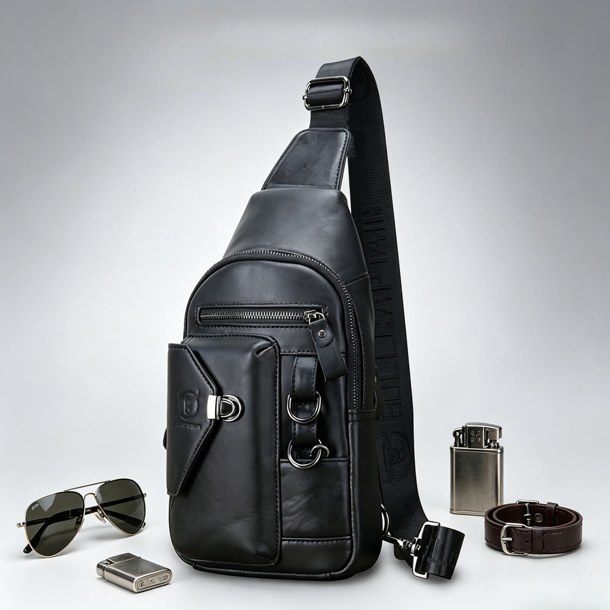 

Brand genuine leather bag men's top layer cow strap phone holder chest bag luxury designer chain shoulder crossbody bag