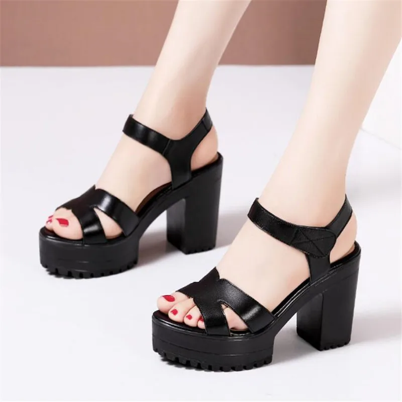 Genuine Leather Girls Sandals Womens Platform Pumps Summer Quality Cowhide Thick High Heels Gladiator Sandals Woman Shoes 32-43