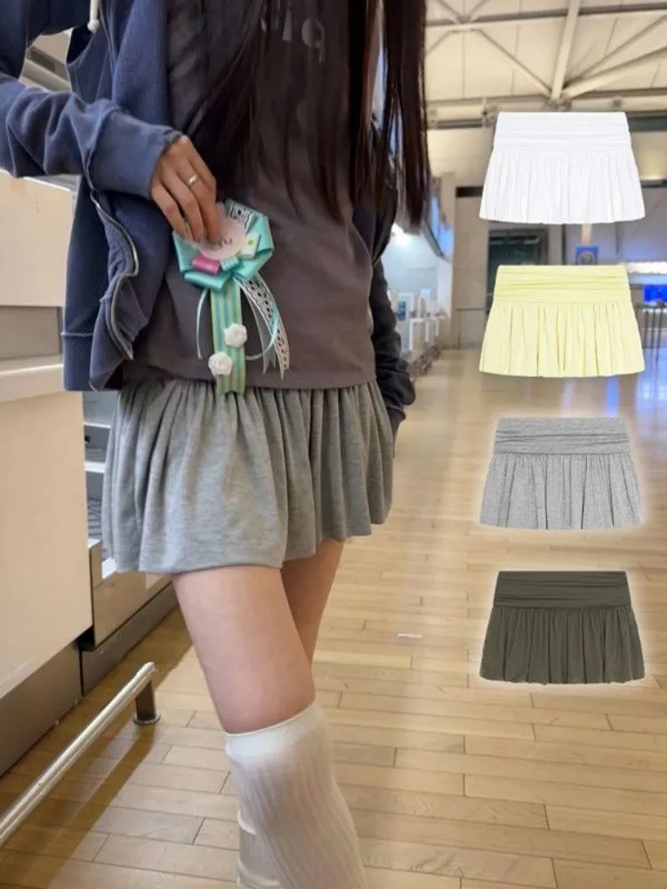 Deeptown Harajuku Y2k Mini Skirts Gray Korean Style A-Line Skirt with Pleats Waist Design Women Short Skirt Japanese Fashion
