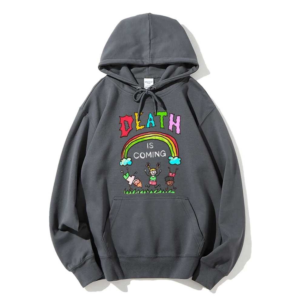 Death Is Coming  Halloween Cartoon Rainbow Childlike Hoodie Women’s Autumn Winter Sweatshirt Comfort Colors Long Sleeve Shirt