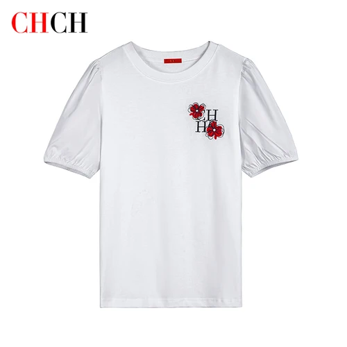 Imagen 2 del producto Chch-Camiseta de lujo para mujer, camiseta con manga acampanada y letras bordadas, Camiseta básica blanca de algodón, camiseta superior para mujer