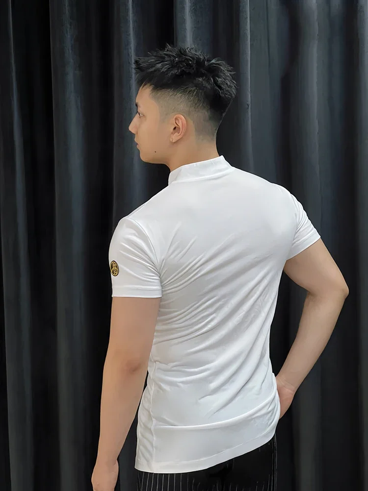 National Standard Latin Dance Practice Clothes Men Latin Costumes 2024 New V-Neck Black White Black Long-Sleeved Shirt